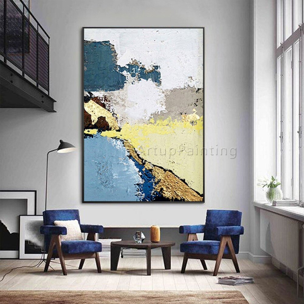 Pintura al &oacute;leo abstracta moderna sobre lienzo, arte de pared acr&iacute;lico hecho a mano, azul, amarillo, gris, para decoraci&oacute;n del hogar y sala de estar