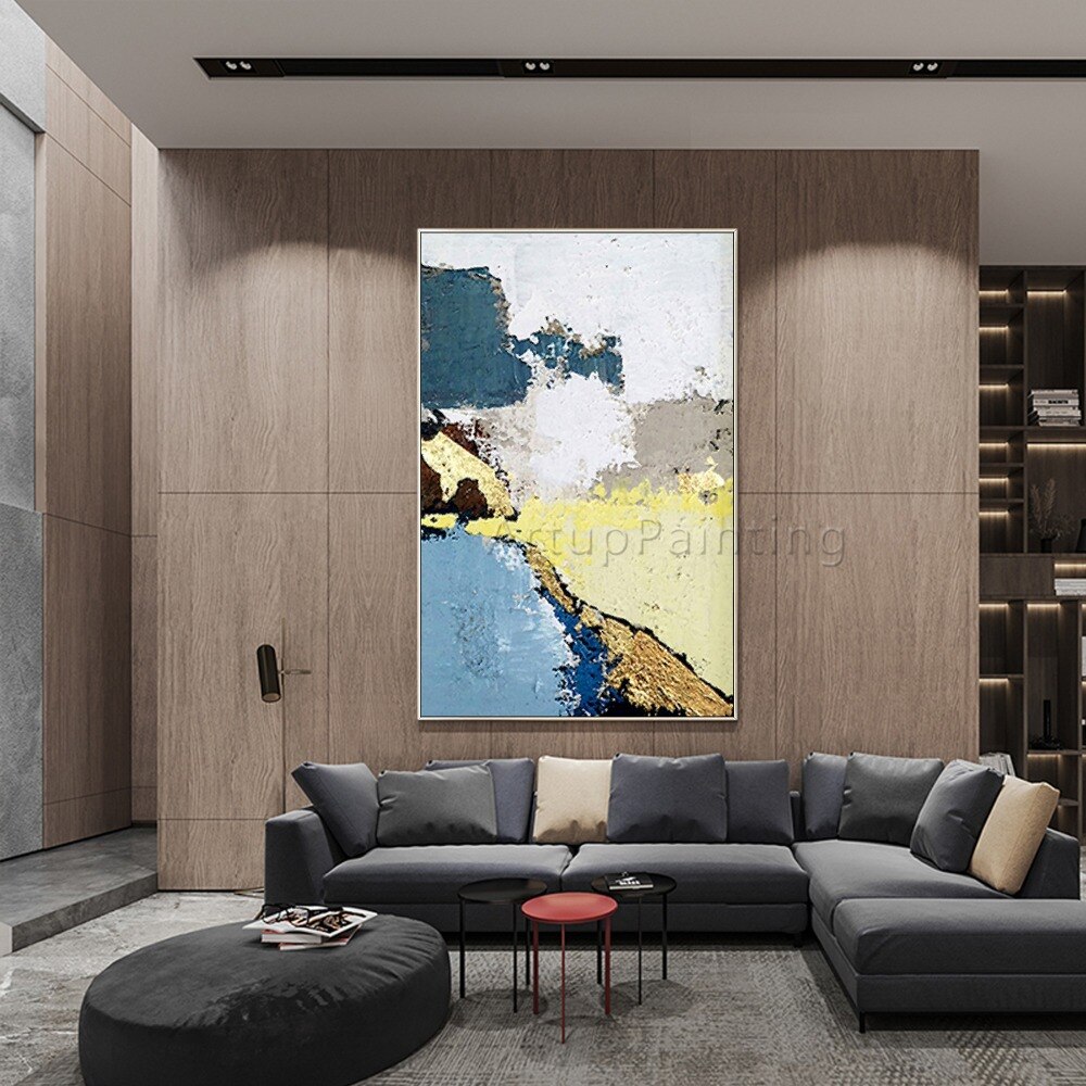 Pintura al &oacute;leo abstracta moderna sobre lienzo, arte de pared acr&iacute;lico hecho a mano, azul, amarillo, gris, para decoraci&oacute;n del hogar y sala de estar