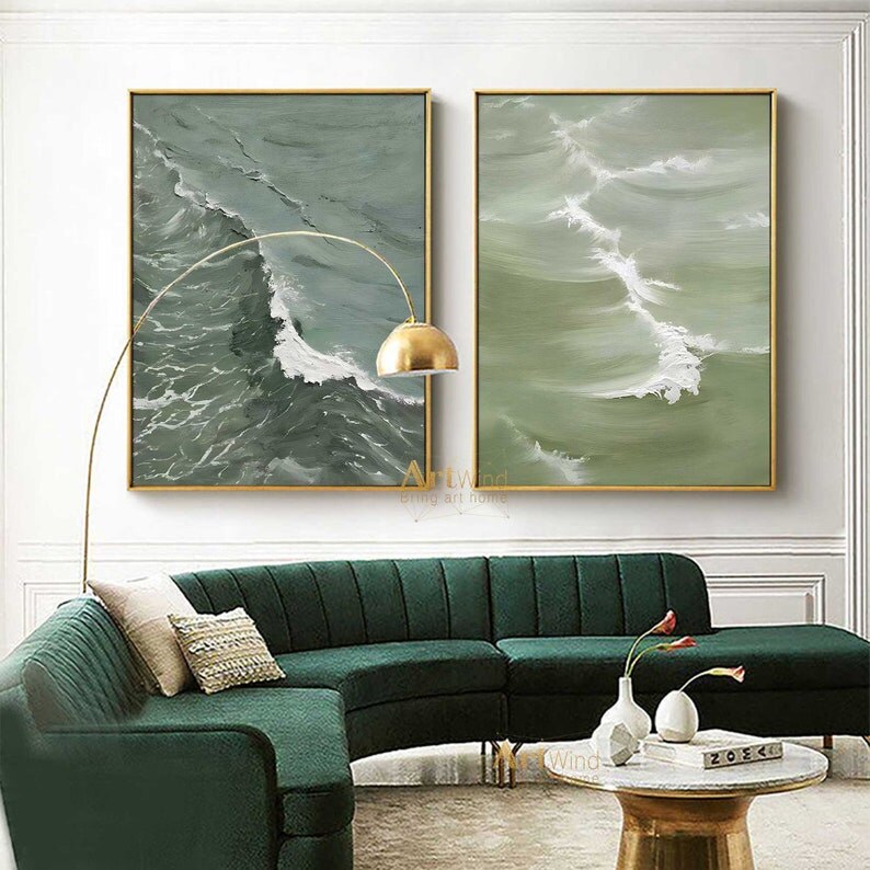 Juego de 2 pinturas abstractas verdes de textura gruesa de ola de mar sobre lienzo, im&aacute;genes art&iacute;sticas de pared blanca para decoraci&oacute;n de sala de estar, p&oacute;ster de pared