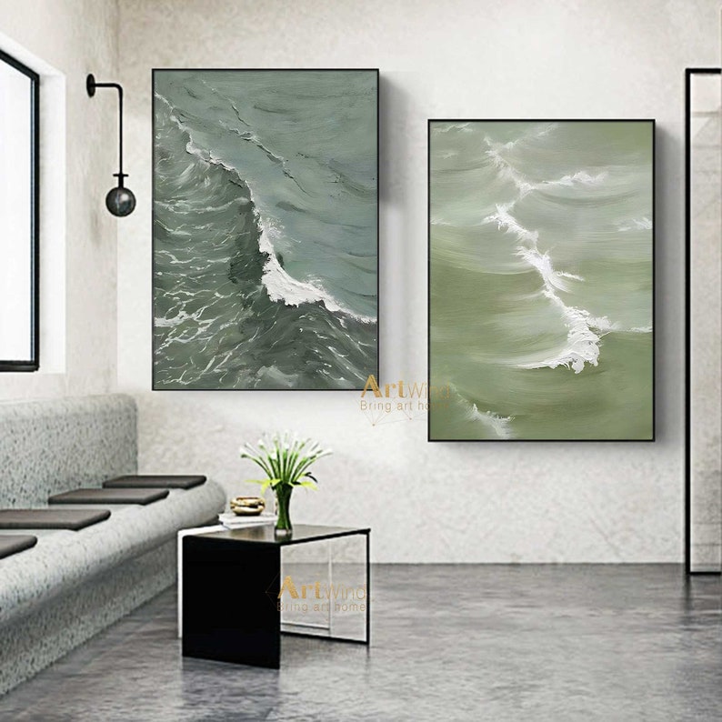 Juego de 2 pinturas abstractas verdes de textura gruesa de ola de mar sobre lienzo, im&aacute;genes art&iacute;sticas de pared blanca para decoraci&oacute;n de sala de estar, p&oacute;ster de pared
