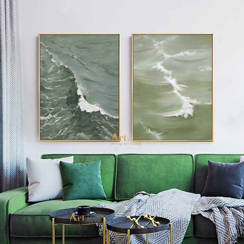 Juego de 2 pinturas abstractas verdes de textura gruesa de ola de mar sobre lienzo, im&aacute;genes art&iacute;sticas de pared blanca para decoraci&oacute;n de sala de estar, p&oacute;ster de pared
