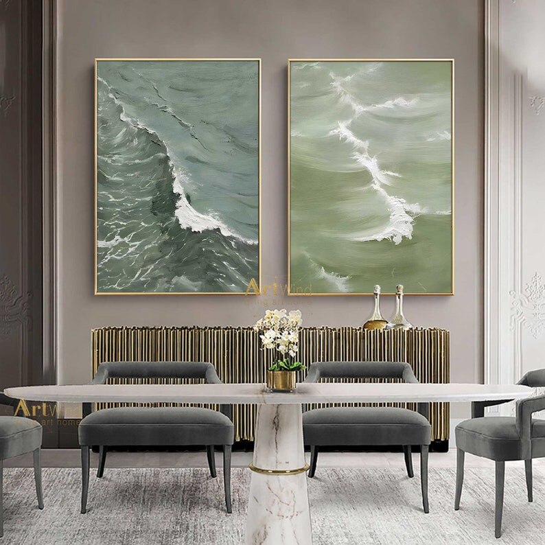 Juego de 2 pinturas abstractas verdes de textura gruesa de ola de mar sobre lienzo, im&aacute;genes art&iacute;sticas de pared blanca para decoraci&oacute;n de sala de estar, p&oacute;ster de pared