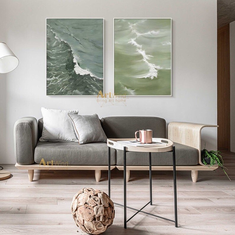 Juego de 2 pinturas abstractas verdes de textura gruesa de ola de mar sobre lienzo, im&aacute;genes art&iacute;sticas de pared blanca para decoraci&oacute;n de sala de estar, p&oacute;ster de pared