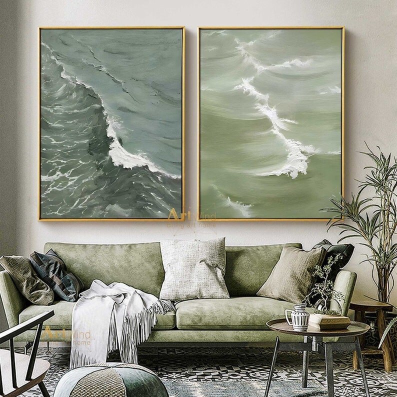 Juego de 2 pinturas abstractas verdes de textura gruesa de ola de mar sobre lienzo, im&aacute;genes art&iacute;sticas de pared blanca para decoraci&oacute;n de sala de estar, p&oacute;ster de pared