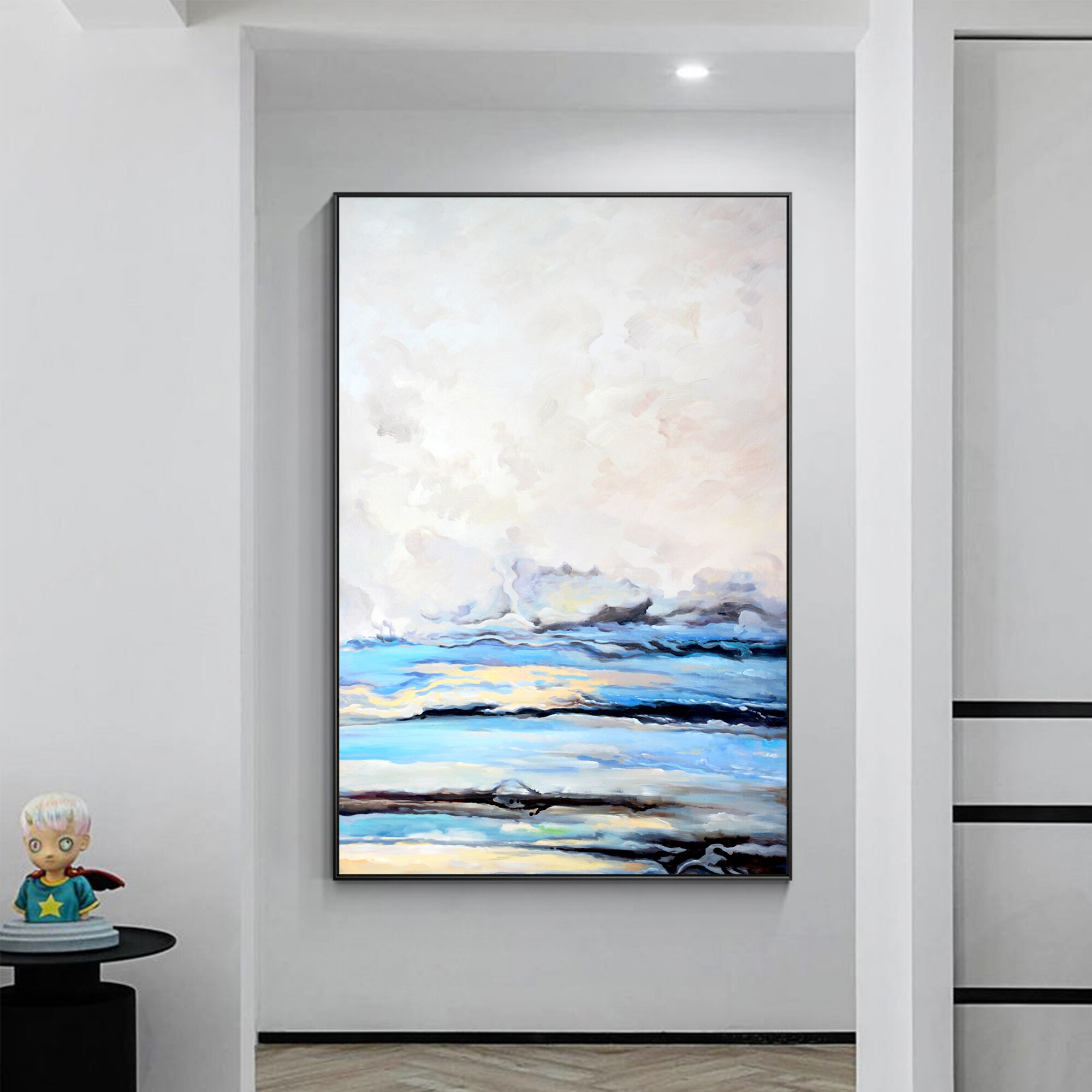 Pintura Original abstracta sobre lienzo, pintura de paisaje, sala de estar, dormitorio, arte de pared enmarcado moderno, cielo azul, Nube Blanca