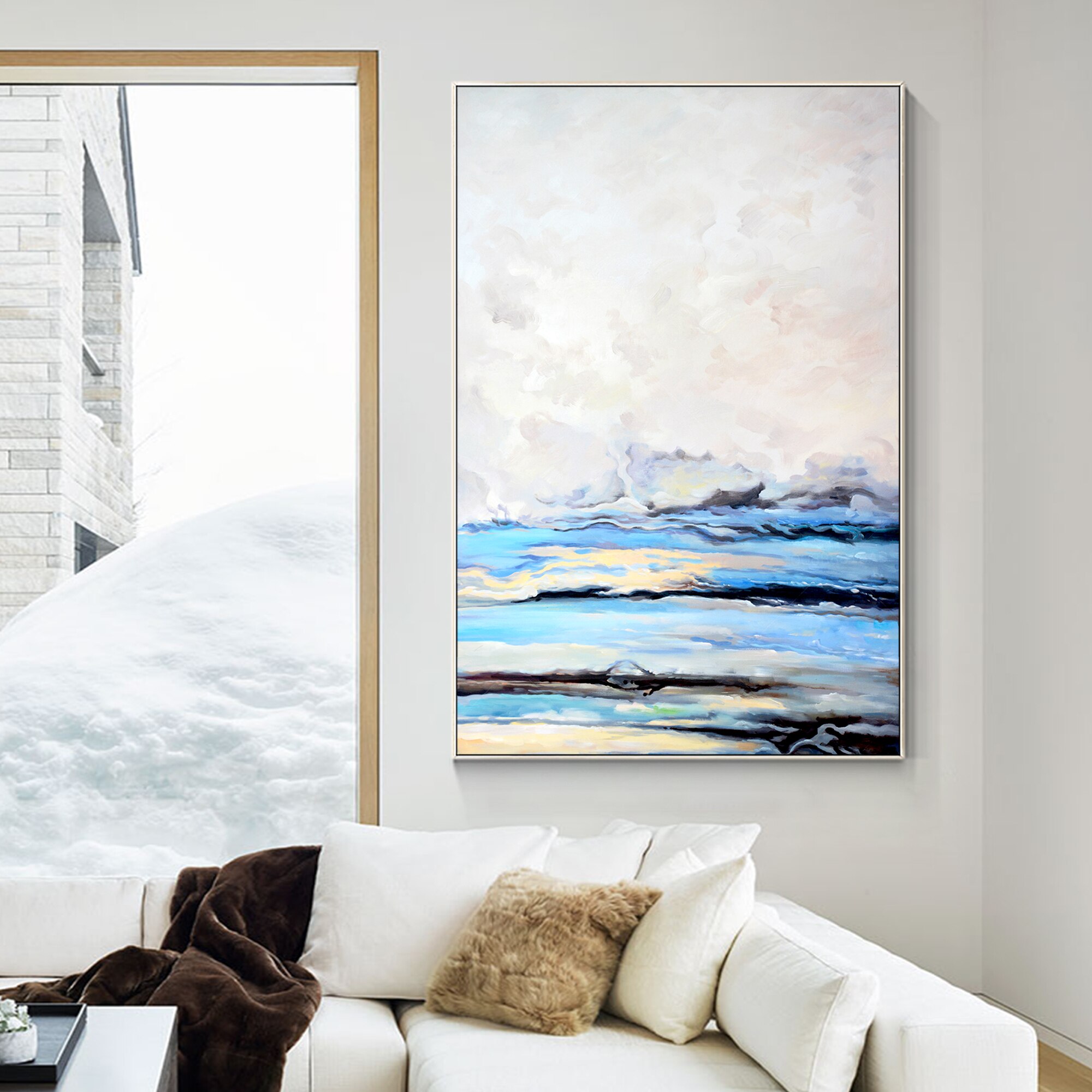 Pintura Original abstracta sobre lienzo, pintura de paisaje, sala de estar, dormitorio, arte de pared enmarcado moderno, cielo azul, Nube Blanca