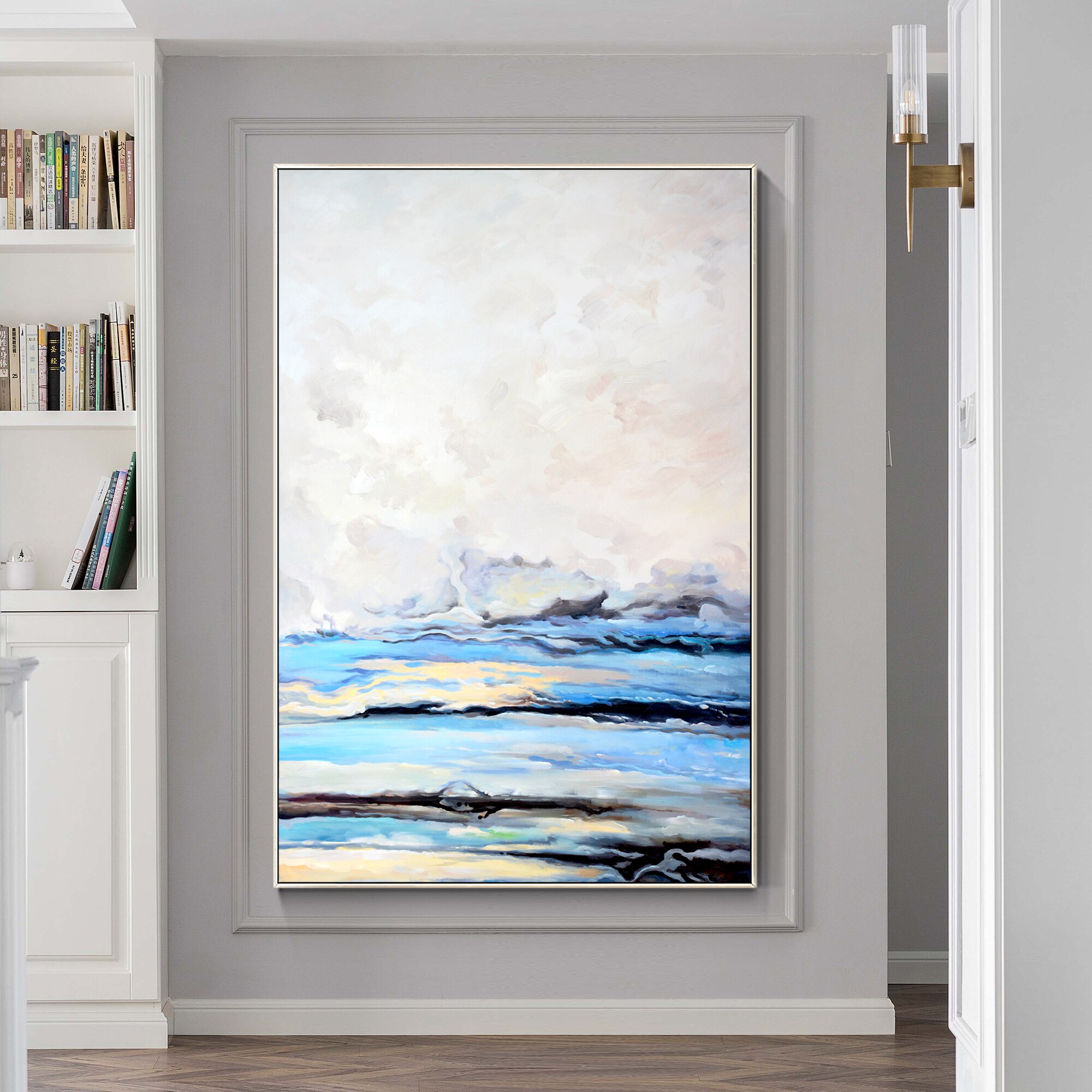 Pintura Original abstracta sobre lienzo, pintura de paisaje, sala de estar, dormitorio, arte de pared enmarcado moderno, cielo azul, Nube Blanca
