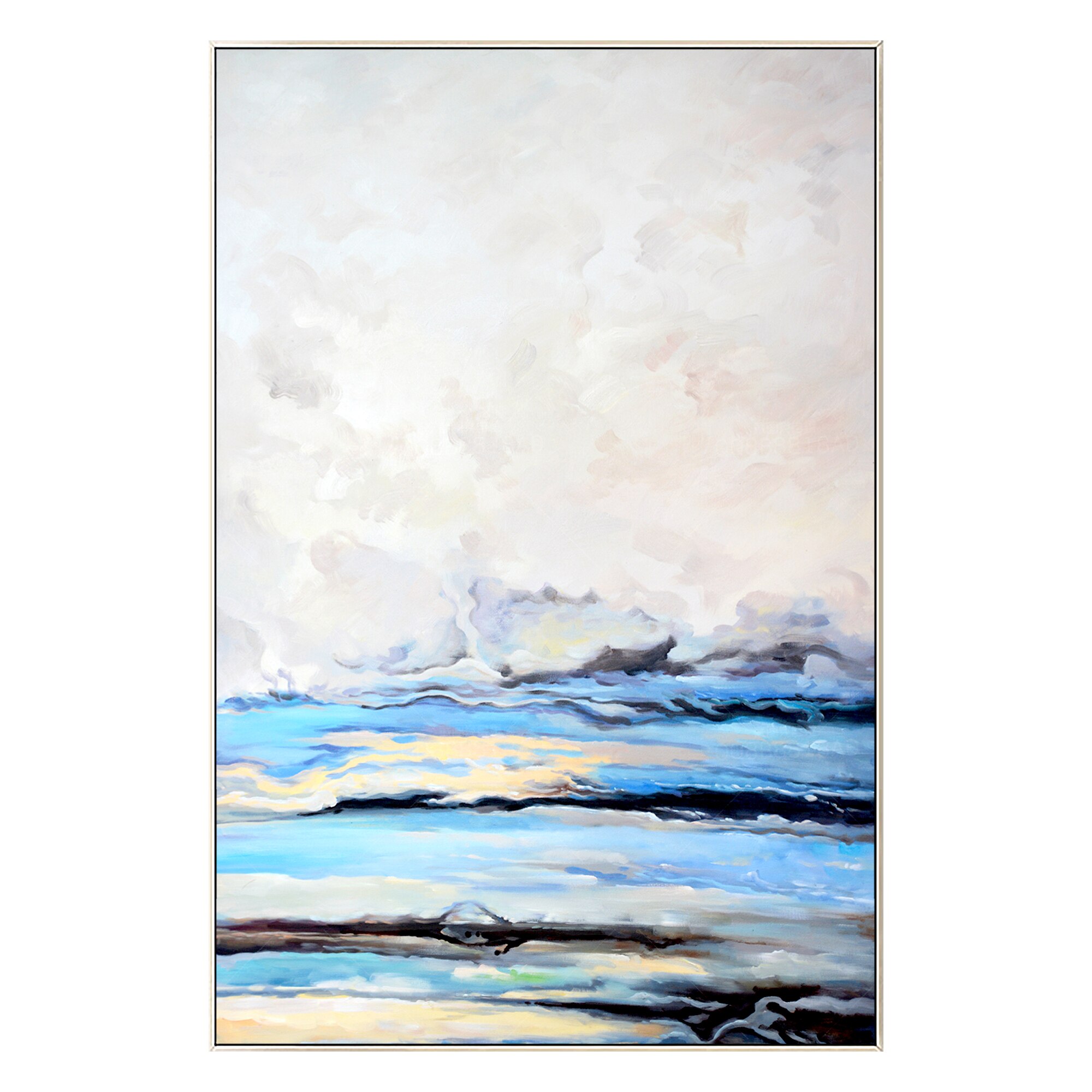 Pintura Original abstracta sobre lienzo, pintura de paisaje, sala de estar, dormitorio, arte de pared enmarcado moderno, cielo azul, Nube Blanca