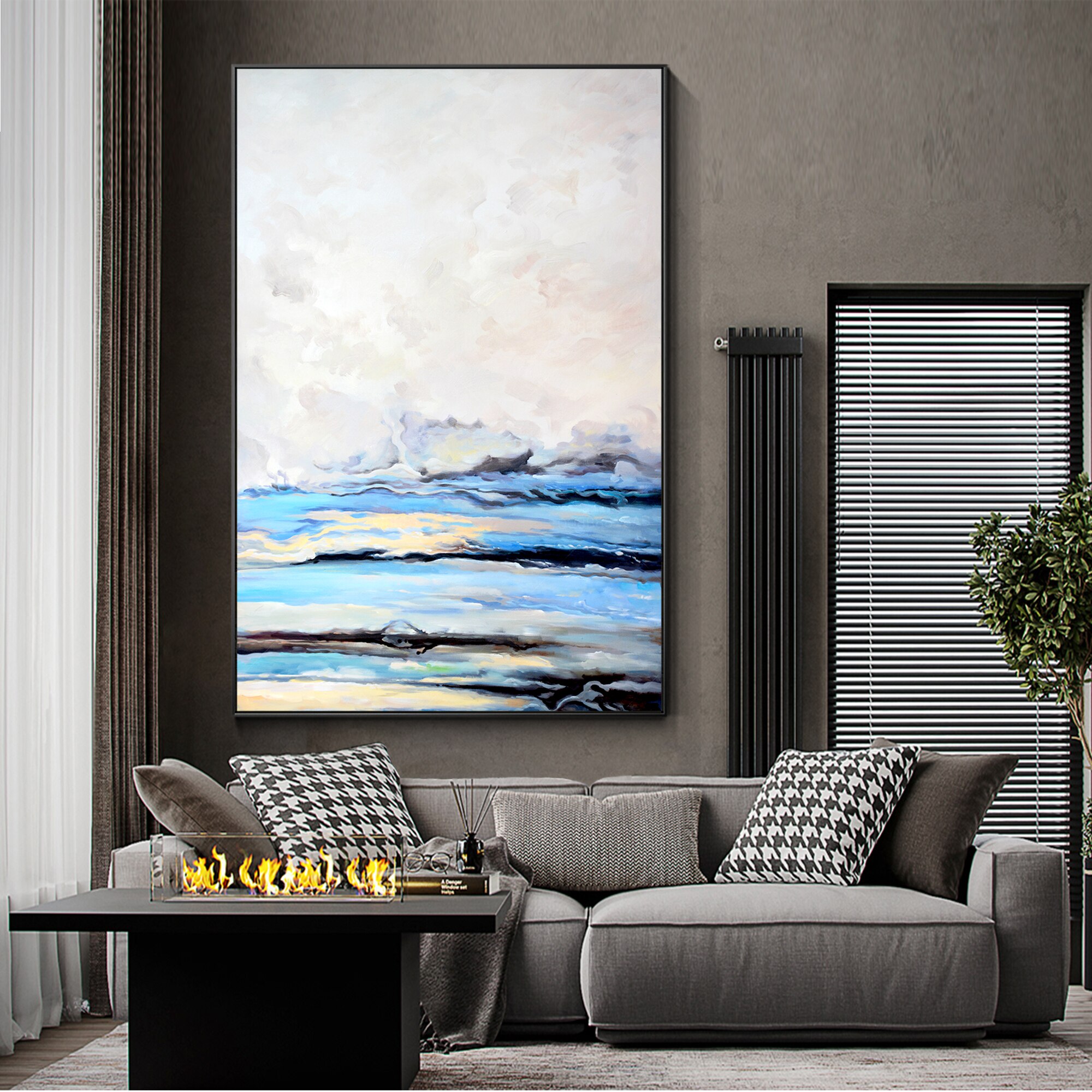 Pintura Original abstracta sobre lienzo, pintura de paisaje, sala de estar, dormitorio, arte de pared enmarcado moderno, cielo azul, Nube Blanca