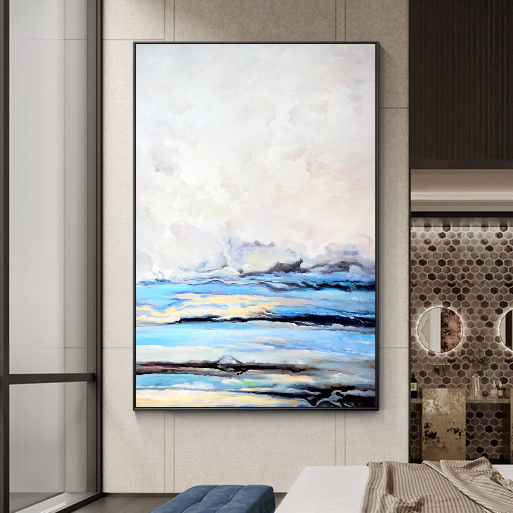 Pintura Original abstracta sobre lienzo, pintura de paisaje, sala de estar, dormitorio, arte de pared enmarcado moderno, cielo azul, Nube Blanca