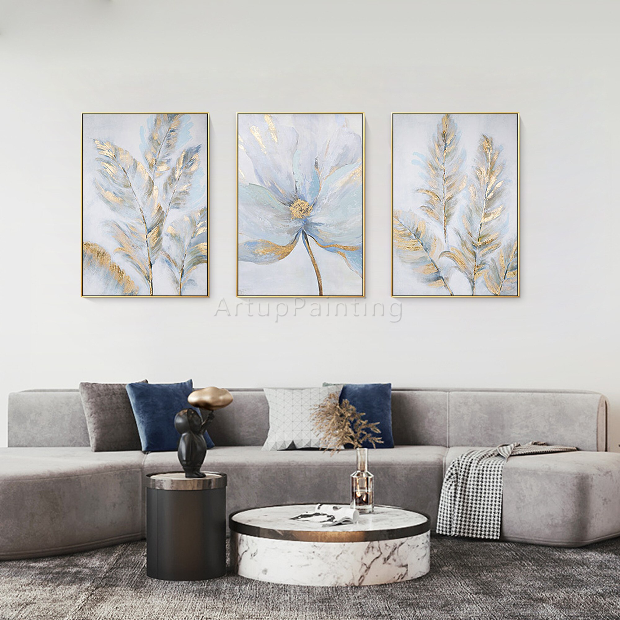 Juego de 3 lienzos de hojas doradas para decoración del hogar, pintura acrílica moderna, abstracta, Original, arte de pared grande, flor Juego de 3 lienzos de hojas doradas para decoración del hogar, pintura acrílica moderna, abstracta, Original, arte de pared grande, flor