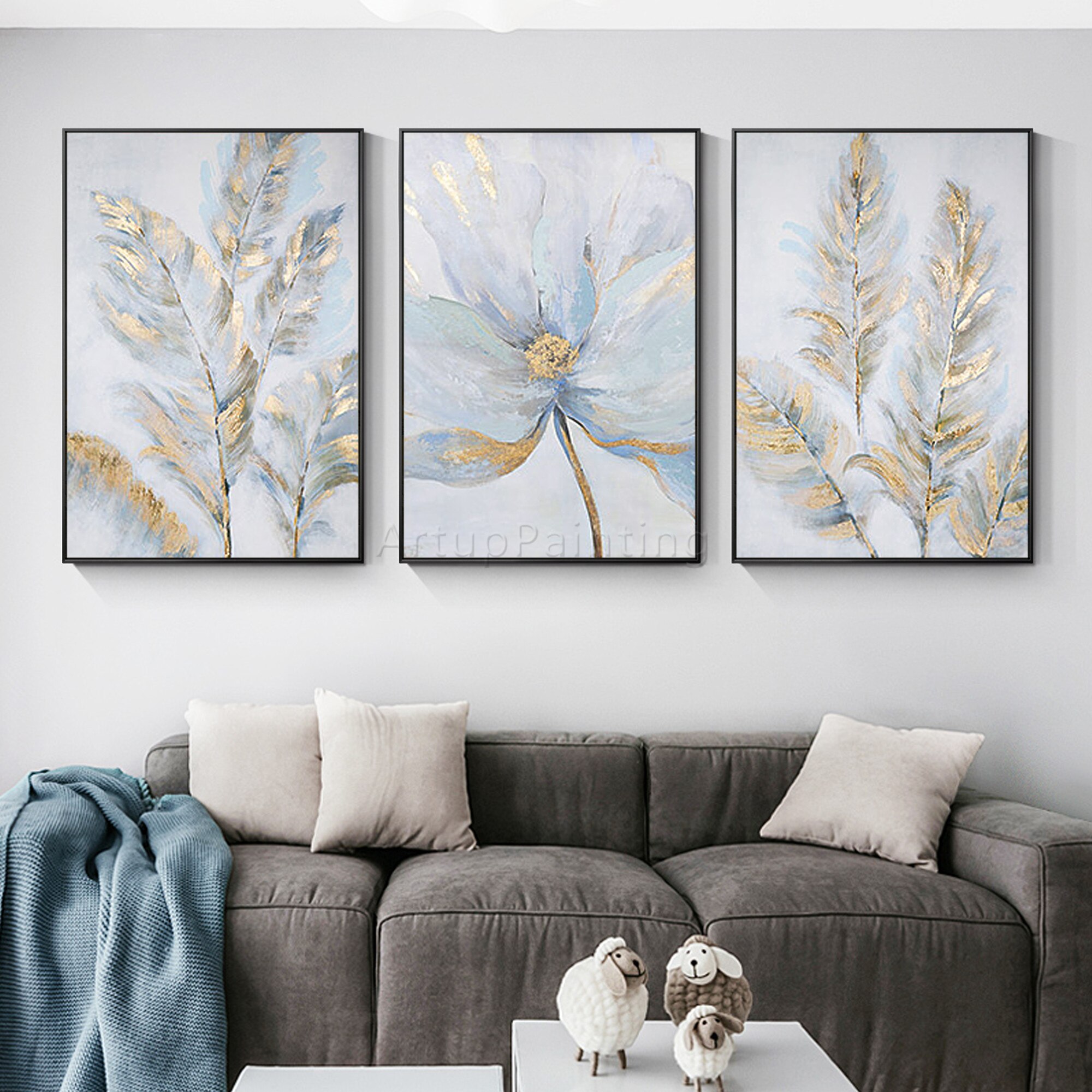 Juego de 3 lienzos de hojas doradas para decoración del hogar, pintura acrílica moderna, abstracta, Original, arte de pared grande, flor Juego de 3 lienzos de hojas doradas para decoración del hogar, pintura acrílica moderna, abstracta, Original, arte de pared grande, flor
