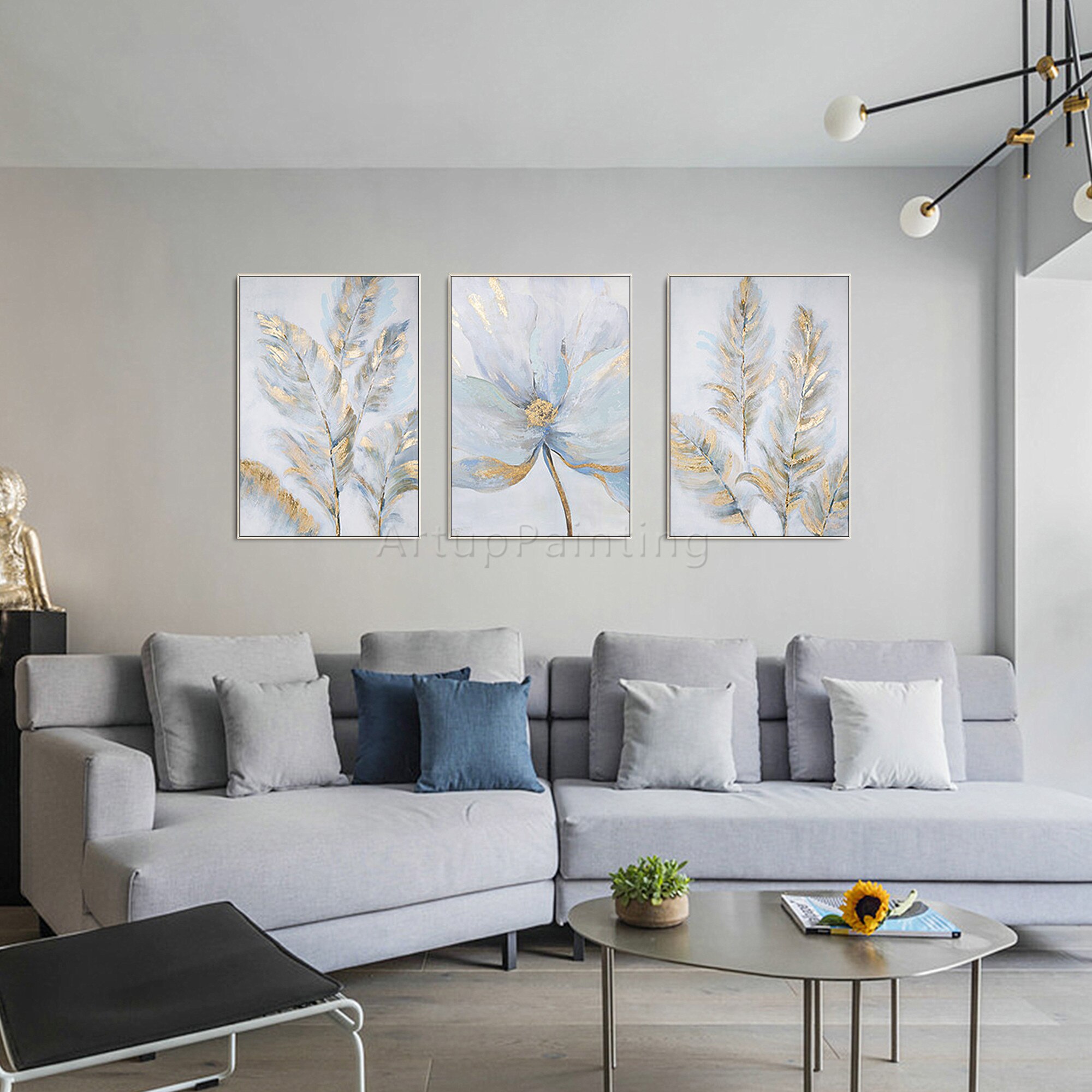 Juego de 3 lienzos de hojas doradas para decoración del hogar, pintura acrílica moderna, abstracta, Original, arte de pared grande, flor Juego de 3 lienzos de hojas doradas para decoración del hogar, pintura acrílica moderna, abstracta, Original, arte de pared grande, flor