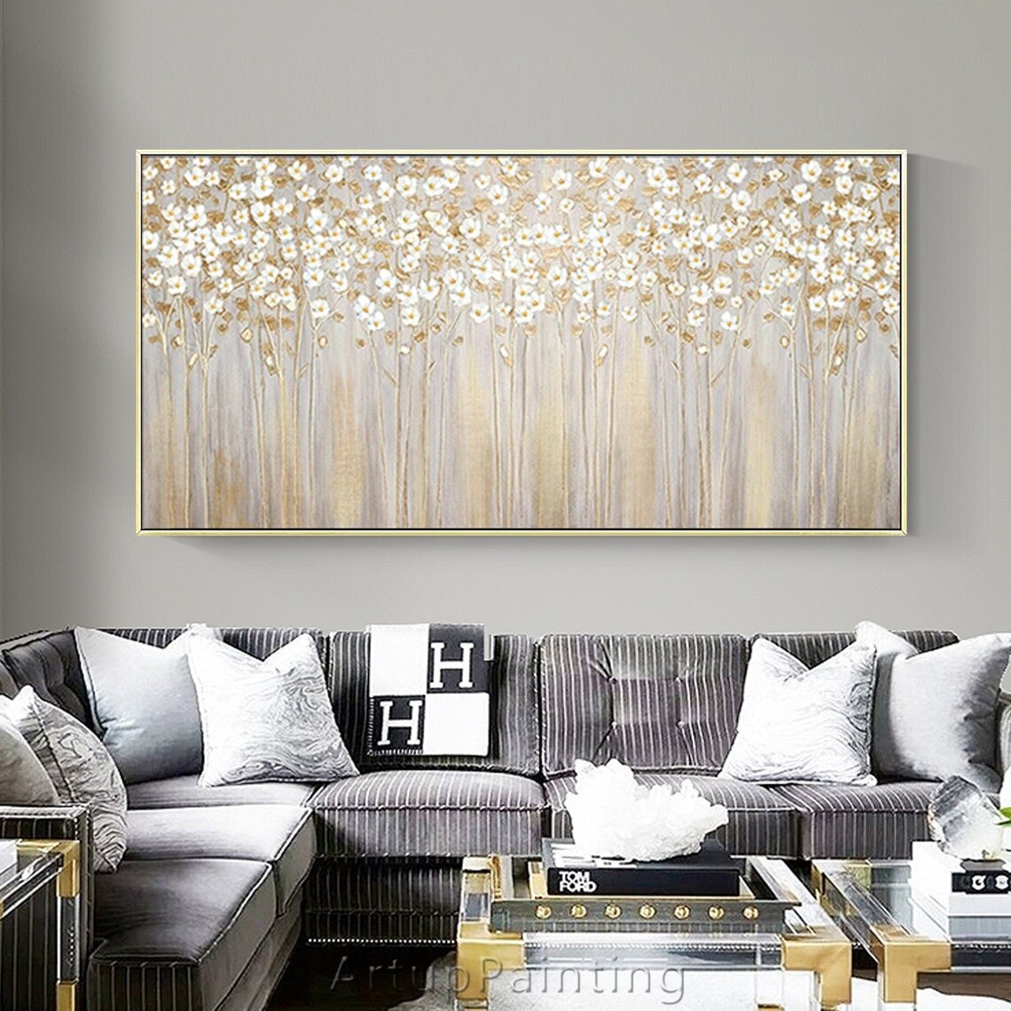 Pintura de flores abstracta moderna pintada a mano, cuchillo de paleta, textura 3D, pintura al &oacute;leo para sala de estar decorativa