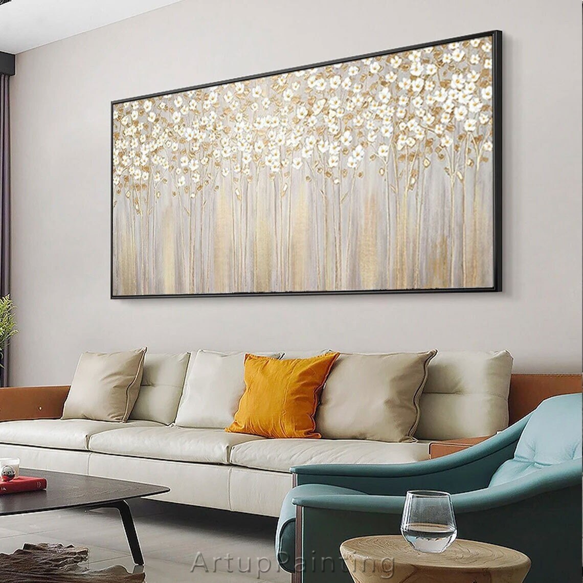 Pintura de flores abstracta moderna pintada a mano, cuchillo de paleta, textura 3D, pintura al &oacute;leo para sala de estar decorativa
