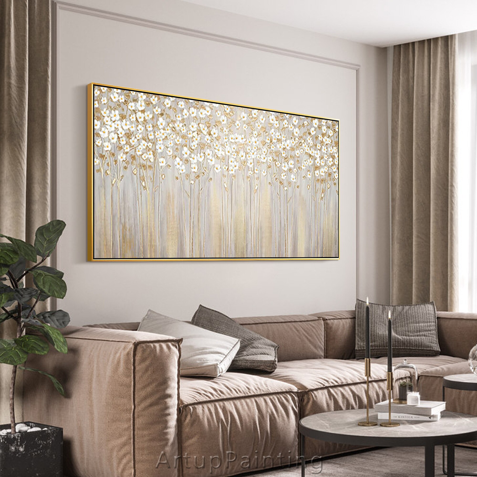 Pintura de flores abstracta moderna pintada a mano, cuchillo de paleta, textura 3D, pintura al &oacute;leo para sala de estar decorativa