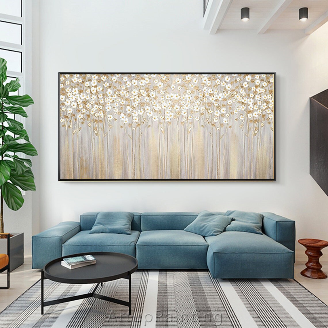 Pintura de flores abstracta moderna pintada a mano, cuchillo de paleta, textura 3D, pintura al &oacute;leo para sala de estar decorativa