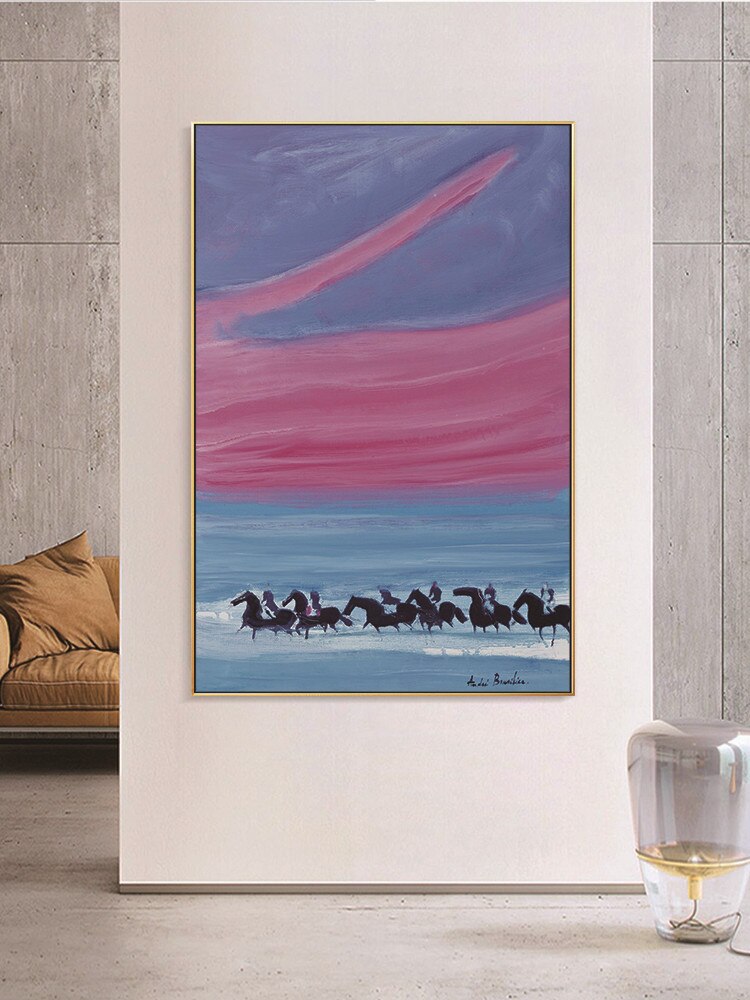 Pintura al &oacute;leo abstracta moderna pintada a mano sobre lienzo, imagen art&iacute;stica de pared rosa, azul y gris para decoraci&oacute;n del hogar de la sala de estar