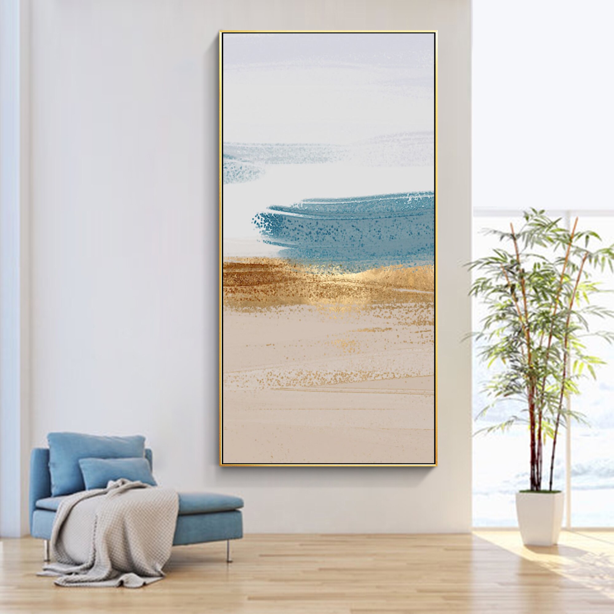 Arte Abstracto de hojas doradas para decoraci&oacute;n del hogar, lienzo de paisaje marino, lienzo hecho a mano, pintura al &oacute;leo acr&iacute;lica, P&oacute;ster Art&iacute;stico de pared grande