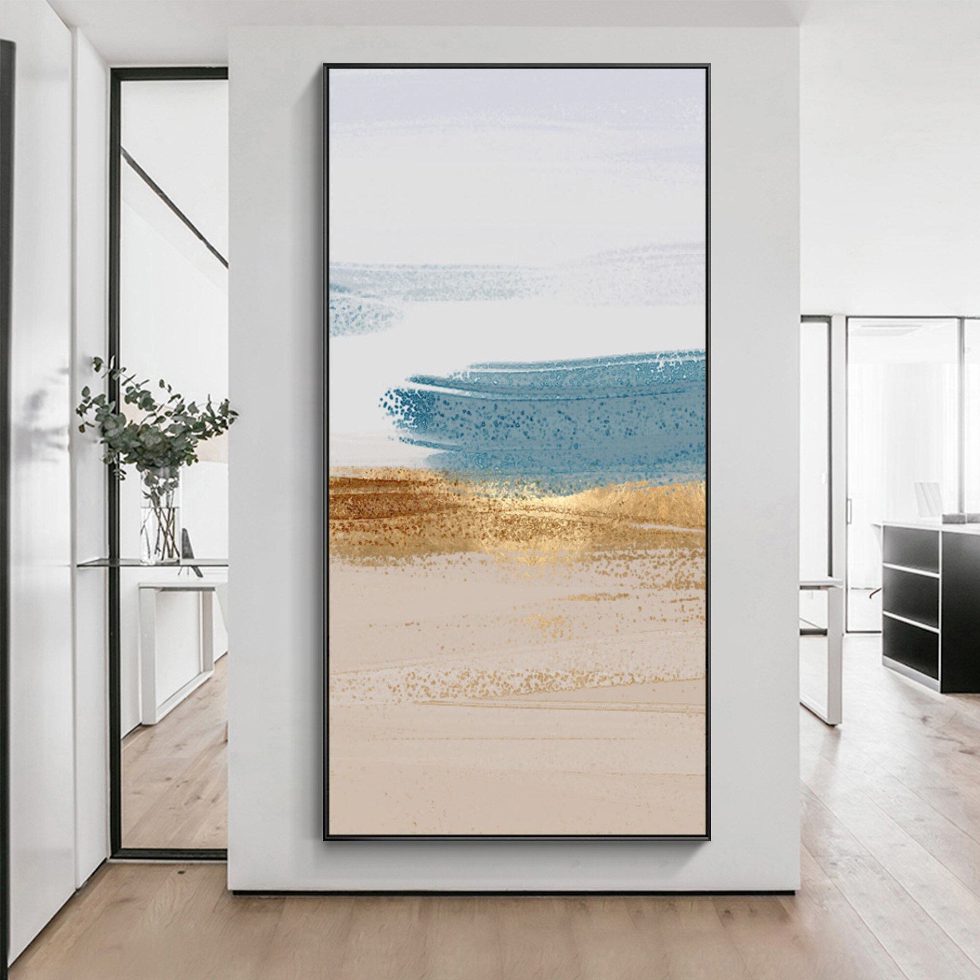 Arte Abstracto de hojas doradas para decoraci&oacute;n del hogar, lienzo de paisaje marino, lienzo hecho a mano, pintura al &oacute;leo acr&iacute;lica, P&oacute;ster Art&iacute;stico de pared grande