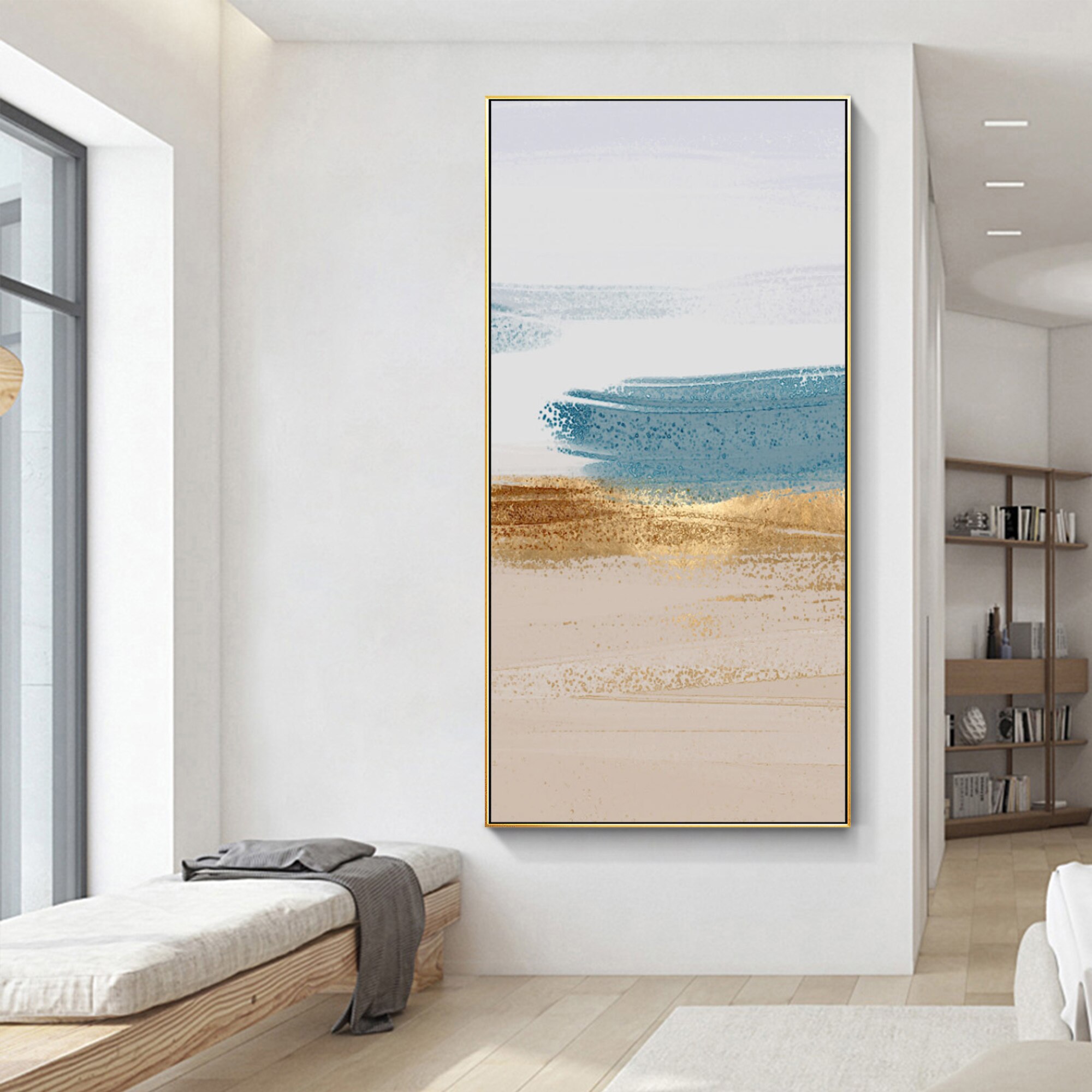 Arte Abstracto de hojas doradas para decoraci&oacute;n del hogar, lienzo de paisaje marino, lienzo hecho a mano, pintura al &oacute;leo acr&iacute;lica, P&oacute;ster Art&iacute;stico de pared grande