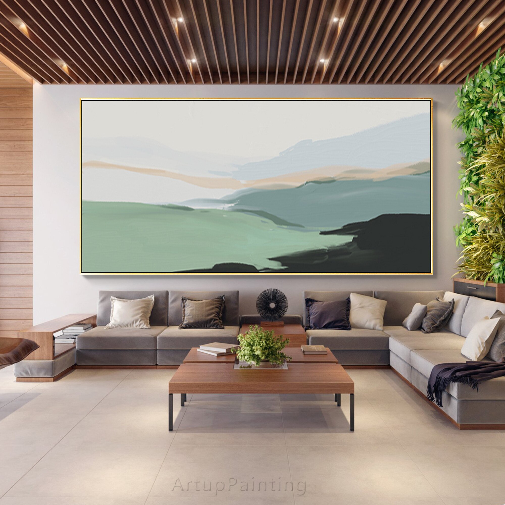 Arte Abstracto Extra grande, lienzo de paisaje de monta&ntilde;a verde, pintura al &oacute;leo minimalista hecha a mano, arte de pared acr&iacute;lico, decoraci&oacute;n de p&oacute;ster, quadros