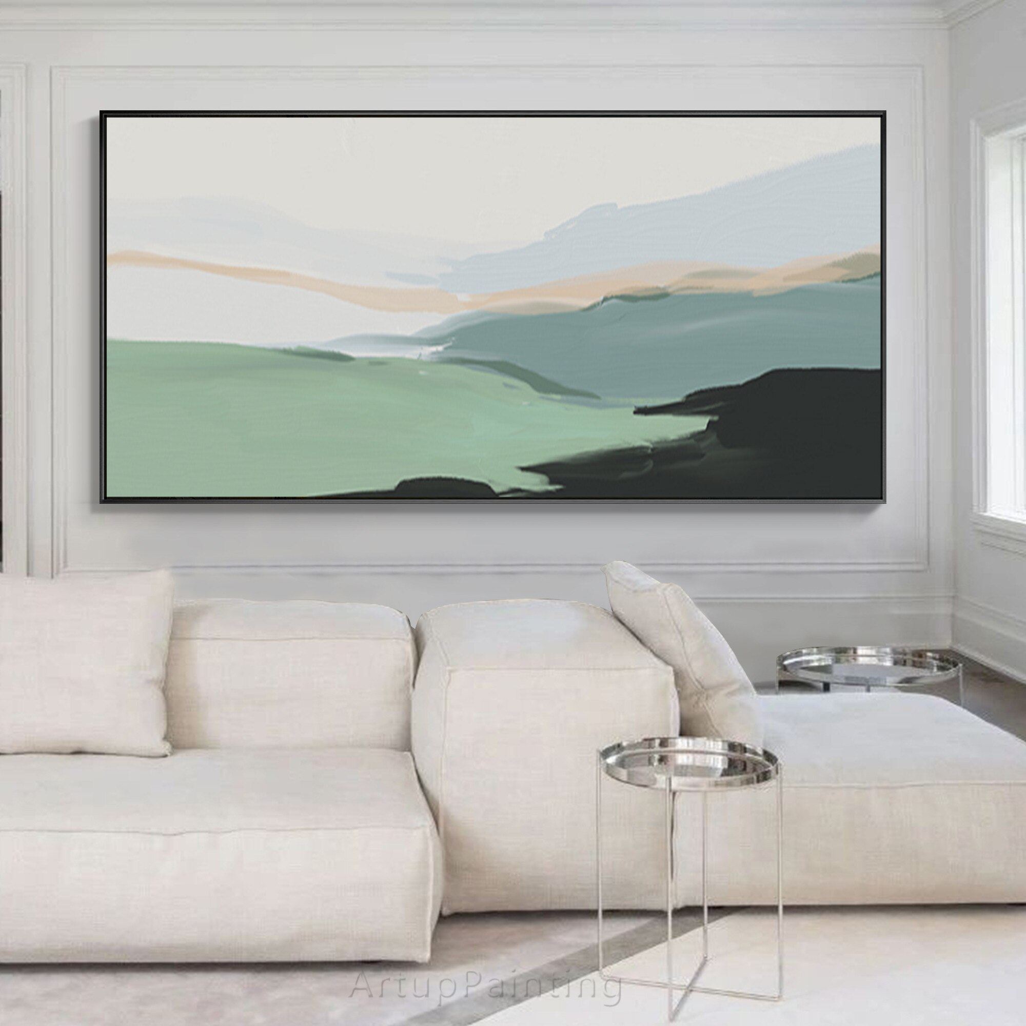 Arte Abstracto Extra grande, lienzo de paisaje de monta&ntilde;a verde, pintura al &oacute;leo minimalista hecha a mano, arte de pared acr&iacute;lico, decoraci&oacute;n de p&oacute;ster, quadros