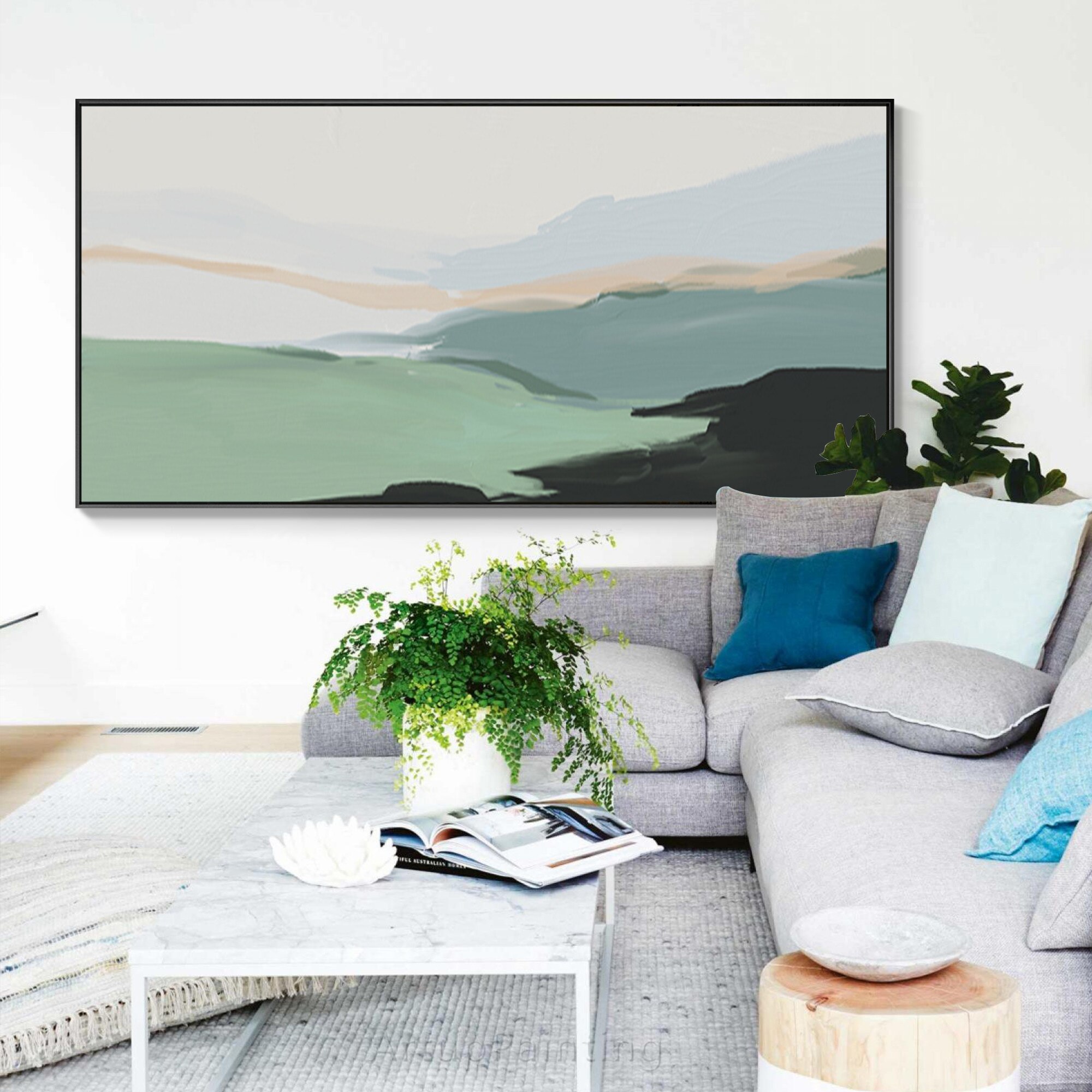 Arte Abstracto Extra grande, lienzo de paisaje de monta&ntilde;a verde, pintura al &oacute;leo minimalista hecha a mano, arte de pared acr&iacute;lico, decoraci&oacute;n de p&oacute;ster, quadros