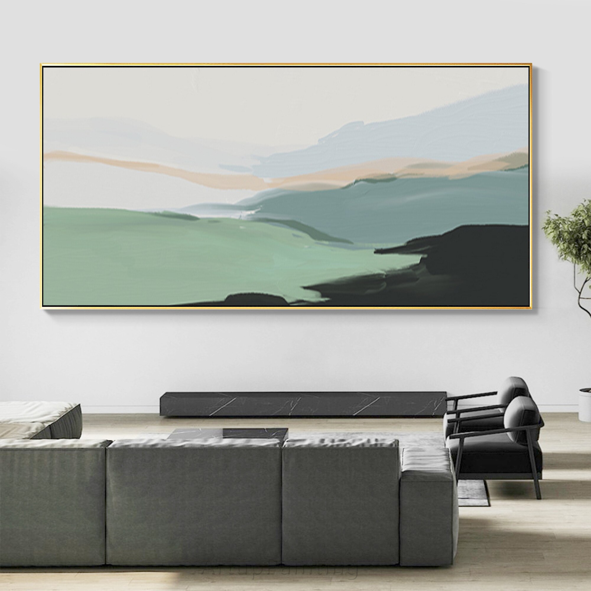 Arte Abstracto Extra grande, lienzo de paisaje de monta&ntilde;a verde, pintura al &oacute;leo minimalista hecha a mano, arte de pared acr&iacute;lico, decoraci&oacute;n de p&oacute;ster, quadros
