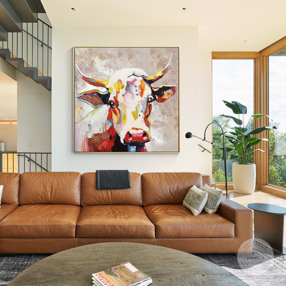 Pintura colorida de Vaca sobre lienzo, pintura texturizada pesada de cuchillo de paleta, arte POP de pared cuadrada enmarcada de Wabi Sabi