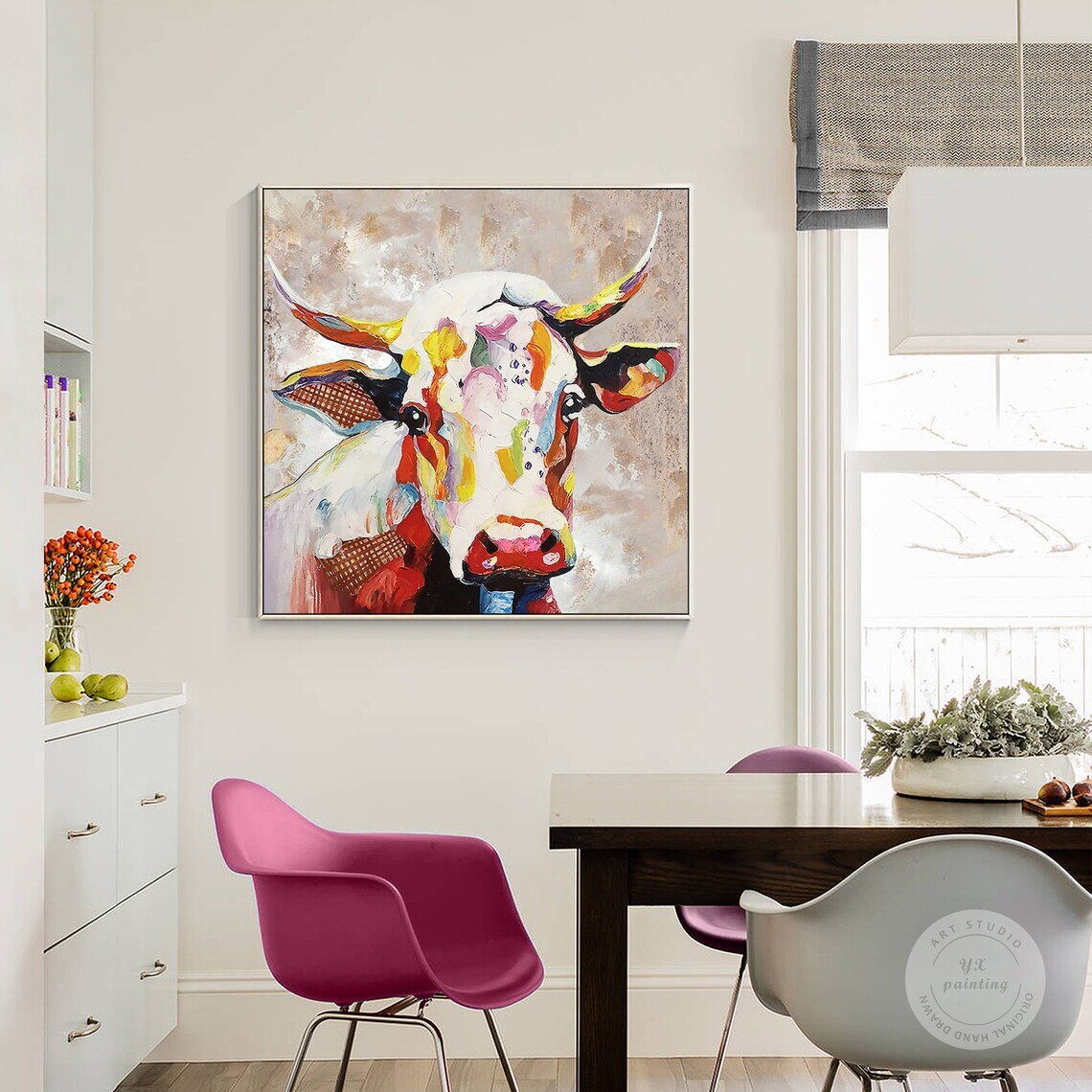 Pintura colorida de Vaca sobre lienzo, pintura texturizada pesada de cuchillo de paleta, arte POP de pared cuadrada enmarcada de Wabi Sabi