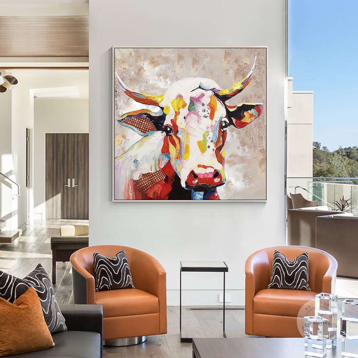 Pintura colorida de Vaca sobre lienzo, pintura texturizada pesada de cuchillo de paleta, arte POP de pared cuadrada enmarcada de Wabi Sabi