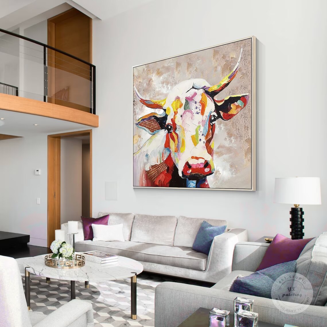 Pintura colorida de Vaca sobre lienzo, pintura texturizada pesada de cuchillo de paleta, arte POP de pared cuadrada enmarcada de Wabi Sabi