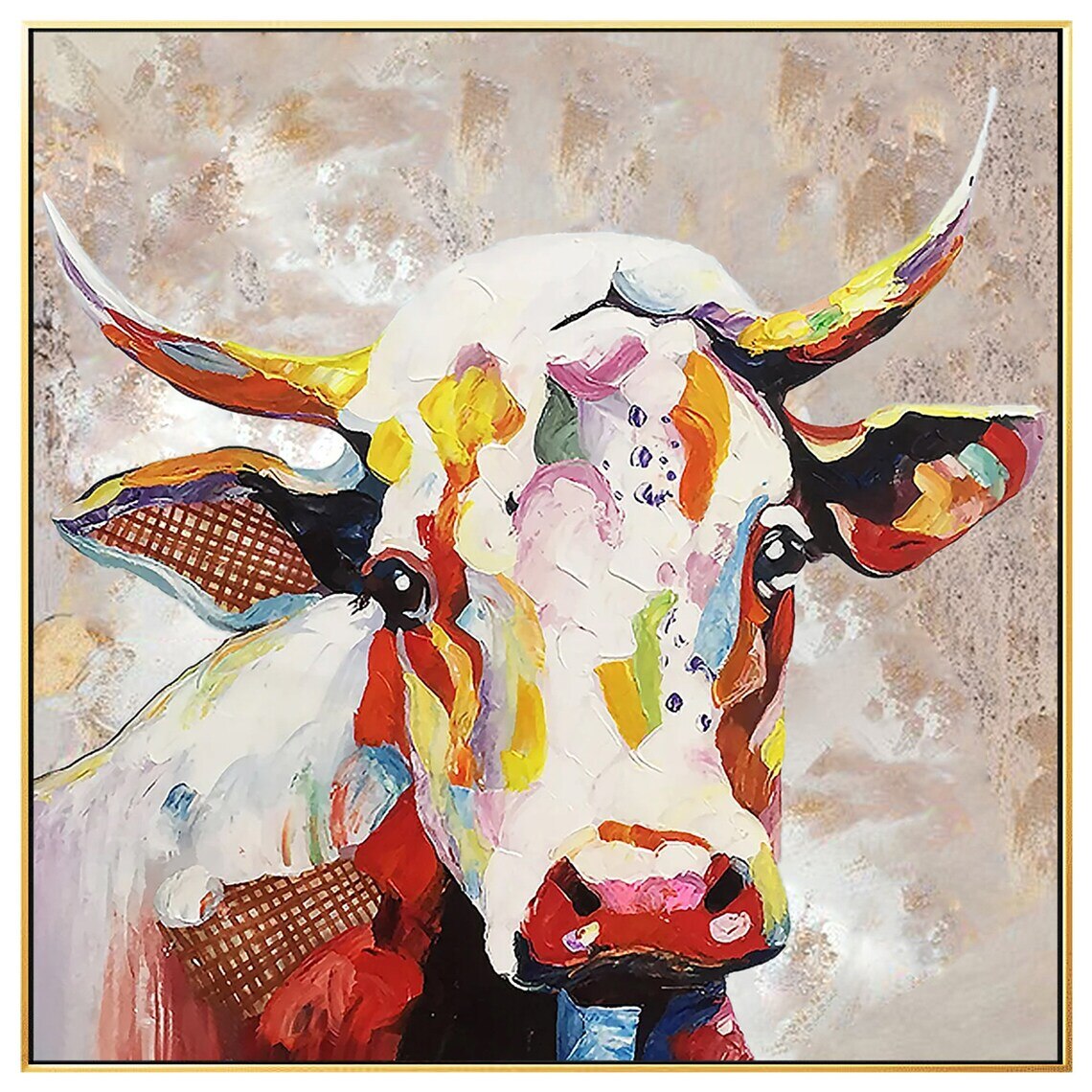 Pintura colorida de Vaca sobre lienzo, pintura texturizada pesada de cuchillo de paleta, arte POP de pared cuadrada enmarcada de Wabi Sabi