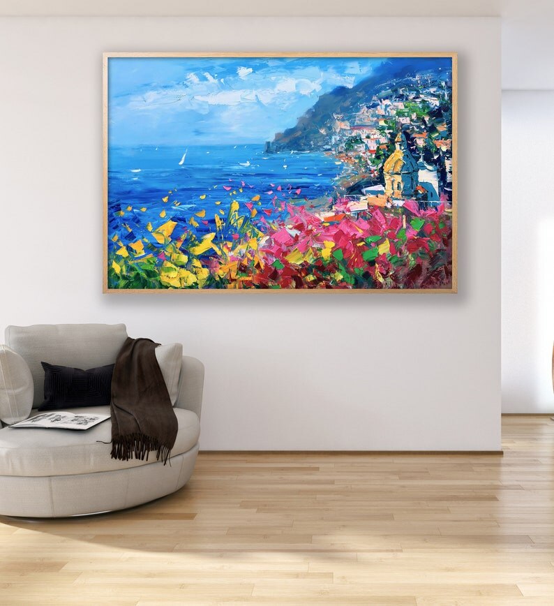 Pintura al &oacute;leo de flores de colores costeros impresionistas abstractas, cuadro de arte de pared pintado a mano, decoraci&oacute;n del hogar para sala de estar