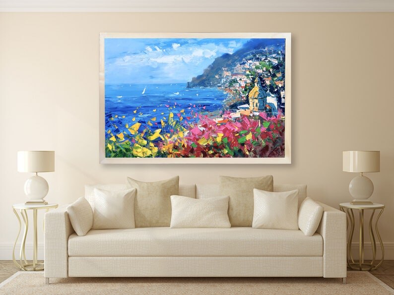 Pintura al &oacute;leo de flores de colores costeros impresionistas abstractas, cuadro de arte de pared pintado a mano, decoraci&oacute;n del hogar para sala de estar