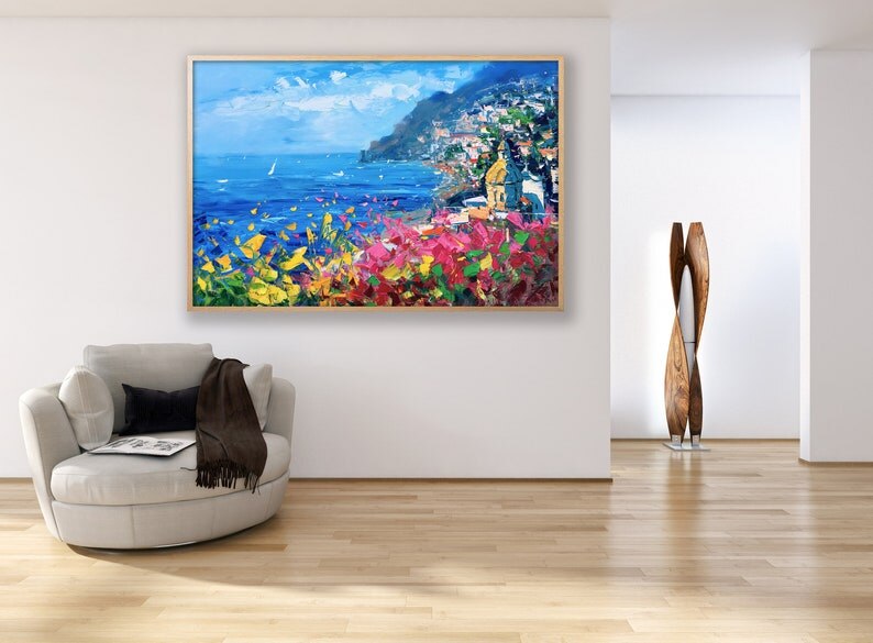 Pintura al &oacute;leo de flores de colores costeros impresionistas abstractas, cuadro de arte de pared pintado a mano, decoraci&oacute;n del hogar para sala de estar