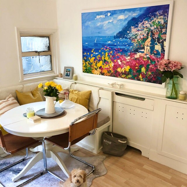 Pintura al &oacute;leo de flores de colores costeros impresionistas abstractas, cuadro de arte de pared pintado a mano, decoraci&oacute;n del hogar para sala de estar