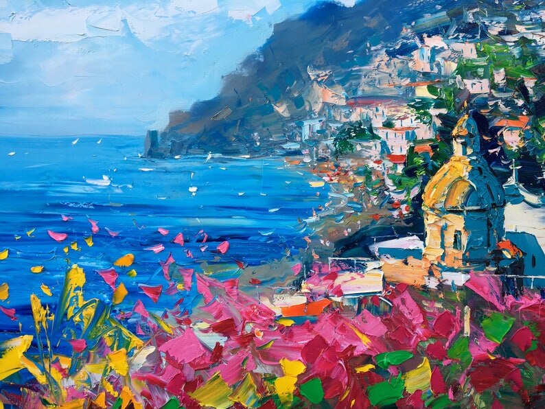 Pintura al &oacute;leo de flores de colores costeros impresionistas abstractas, cuadro de arte de pared pintado a mano, decoraci&oacute;n del hogar para sala de estar