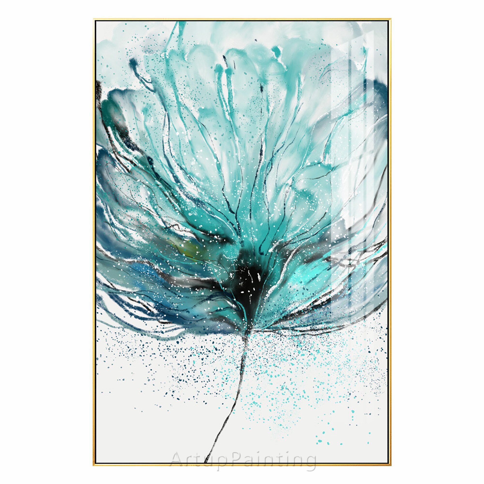Pintura abstracta de flor azul turquesa sobre lienzo, flor de cristal, pintura al &oacute;leo, acr&iacute;lico, arte de pared grande, imagen para decoraci&oacute;n del hogar
