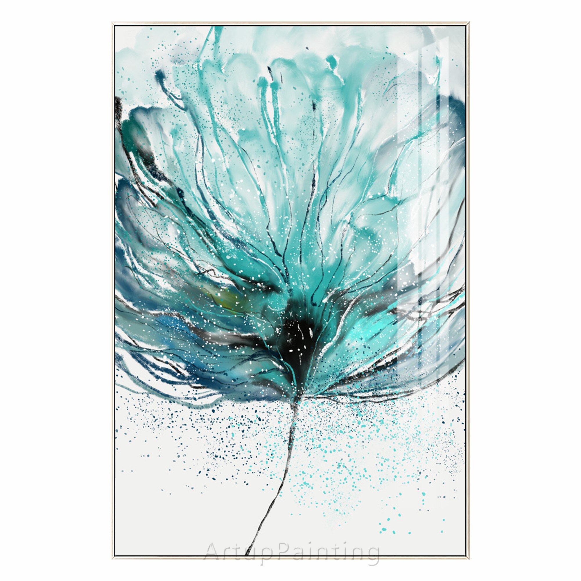 Pintura abstracta de flor azul turquesa sobre lienzo, flor de cristal, pintura al &oacute;leo, acr&iacute;lico, arte de pared grande, imagen para decoraci&oacute;n del hogar