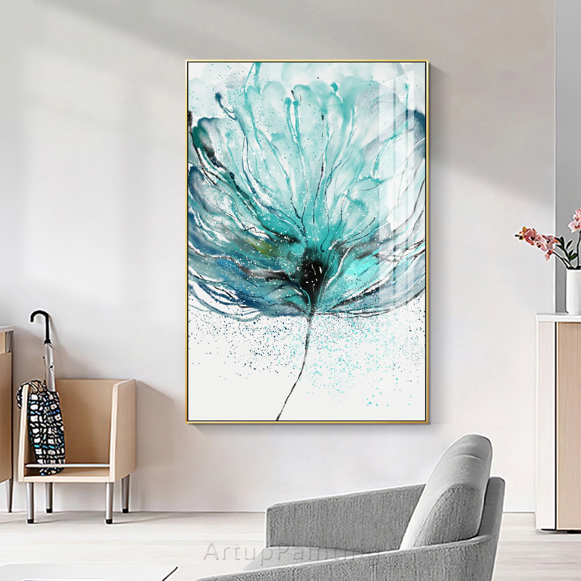 Pintura abstracta de flor azul turquesa sobre lienzo, flor de cristal, pintura al &oacute;leo, acr&iacute;lico, arte de pared grande, imagen para decoraci&oacute;n del hogar