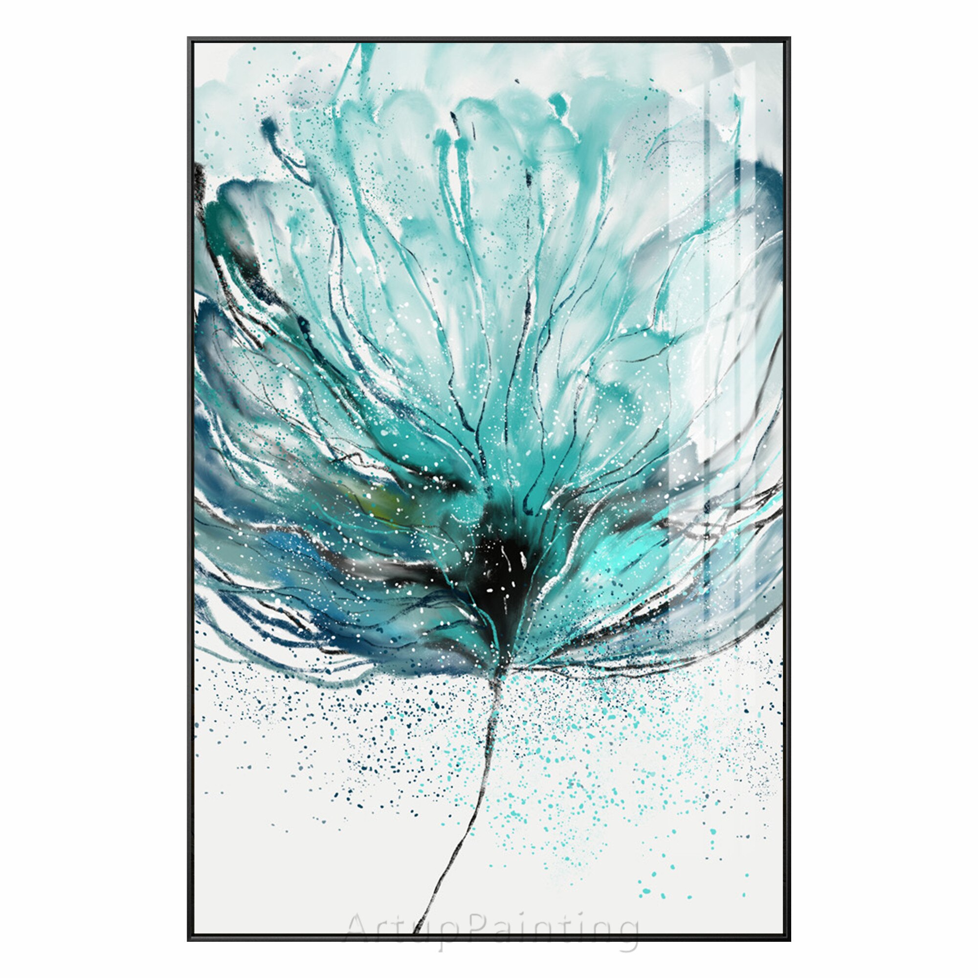 Pintura abstracta de flor azul turquesa sobre lienzo, flor de cristal, pintura al &oacute;leo, acr&iacute;lico, arte de pared grande, imagen para decoraci&oacute;n del hogar