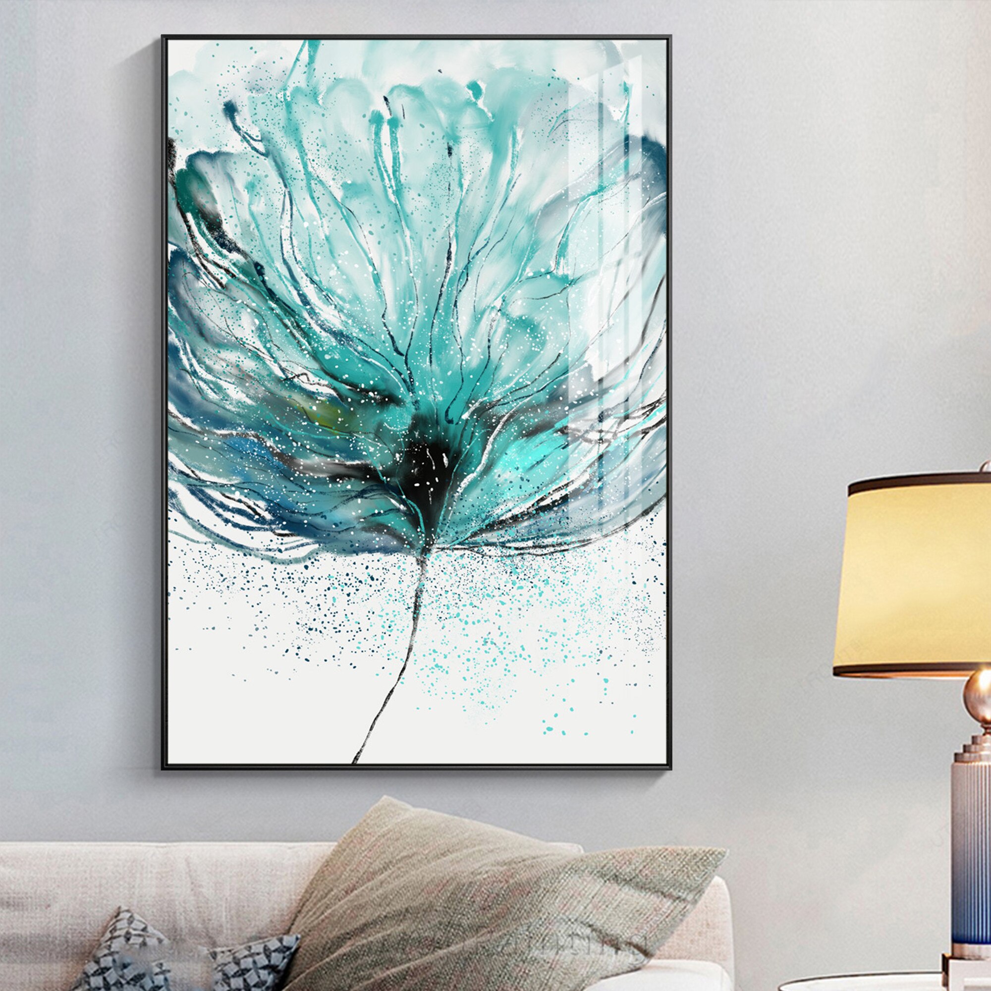 Pintura abstracta de flor azul turquesa sobre lienzo, flor de cristal, pintura al &oacute;leo, acr&iacute;lico, arte de pared grande, imagen para decoraci&oacute;n del hogar