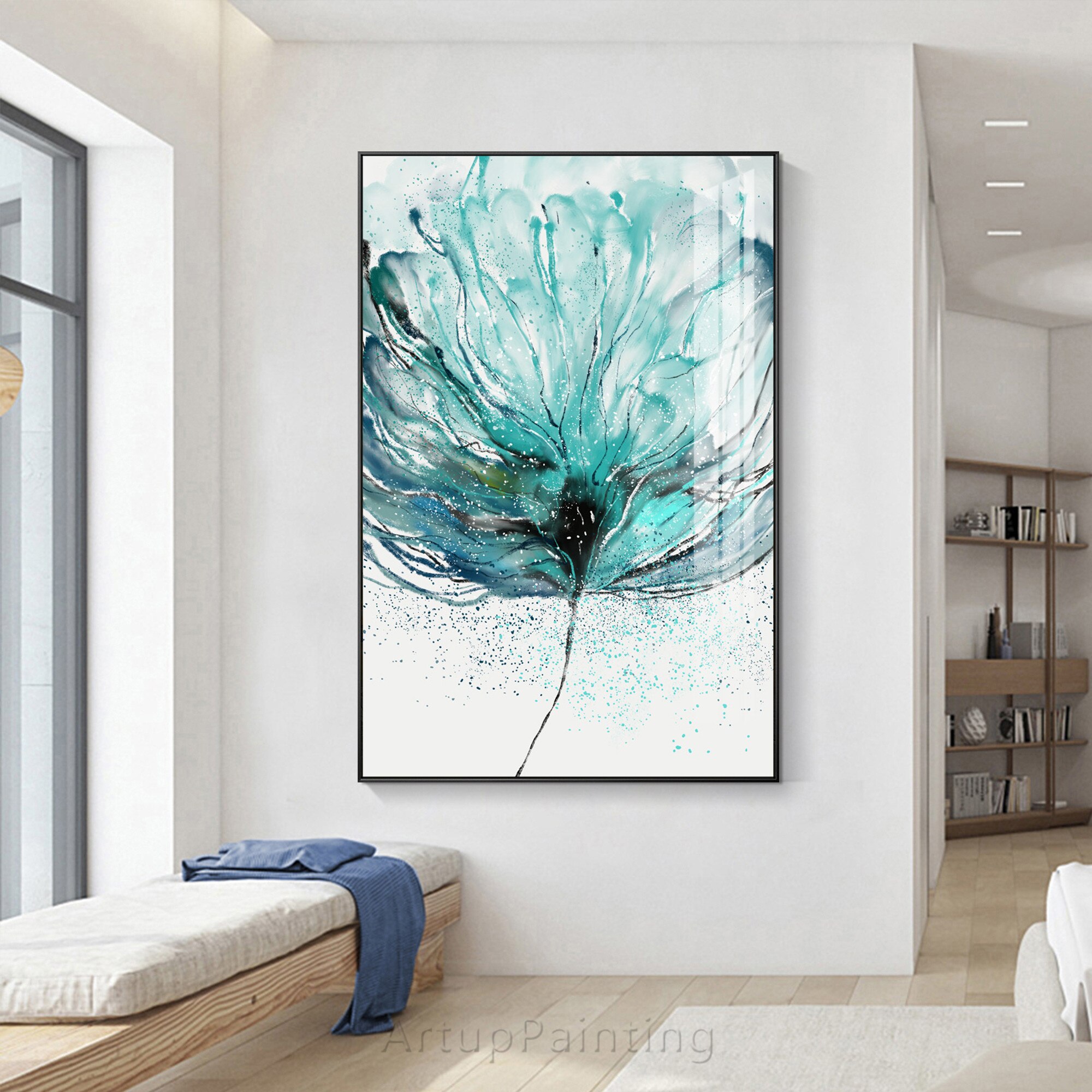 Pintura abstracta de flor azul turquesa sobre lienzo, flor de cristal, pintura al &oacute;leo, acr&iacute;lico, arte de pared grande, imagen para decoraci&oacute;n del hogar