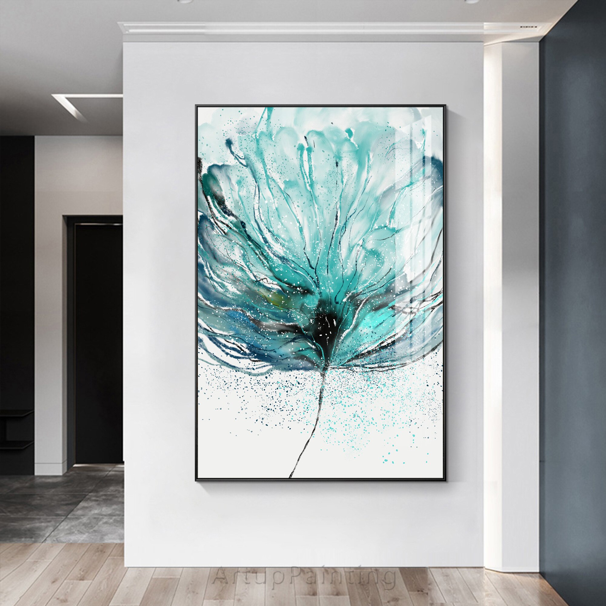 Pintura abstracta de flor azul turquesa sobre lienzo, flor de cristal, pintura al &oacute;leo, acr&iacute;lico, arte de pared grande, imagen para decoraci&oacute;n del hogar