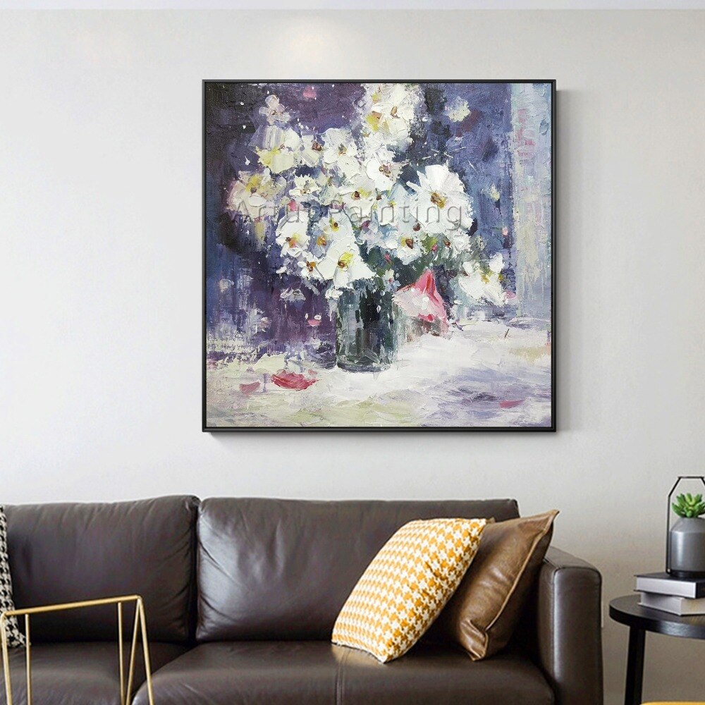 Pinturas al óleo de flores blancas pintadas a mano abstractas sobre lienzo, arte de pared, imágenes de decoración del hogar para decoración de pared de sala de estar Pinturas al óleo de flores blancas pintadas a mano abstractas sobre lienzo, arte de pared, imágenes de decoración del hogar para decoración de pared de sala de estar