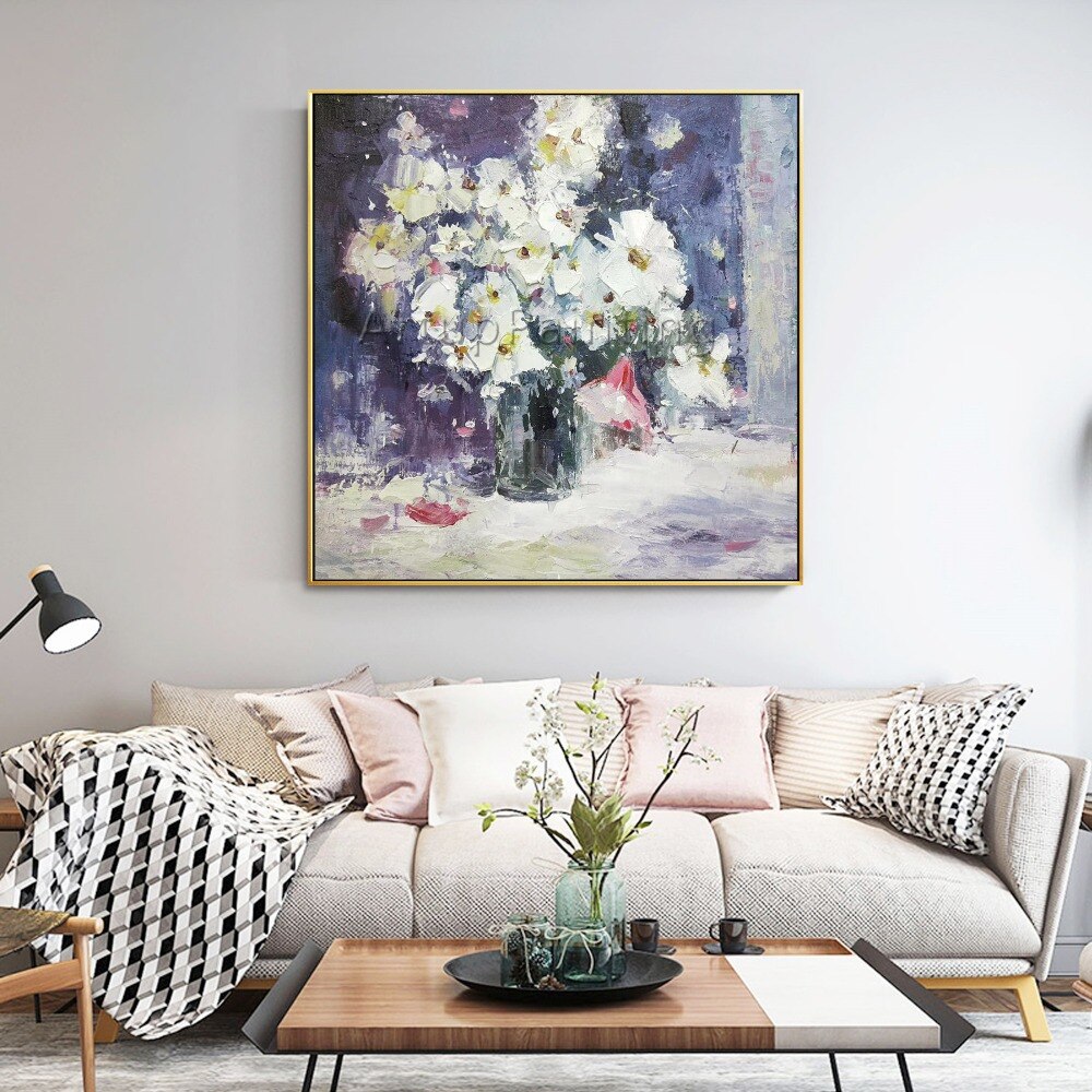 Pinturas al óleo de flores blancas pintadas a mano abstractas sobre lienzo, arte de pared, imágenes de decoración del hogar para decoración de pared de sala de estar Pinturas al óleo de flores blancas pintadas a mano abstractas sobre lienzo, arte de pared, imágenes de decoración del hogar para decoración de pared de sala de estar