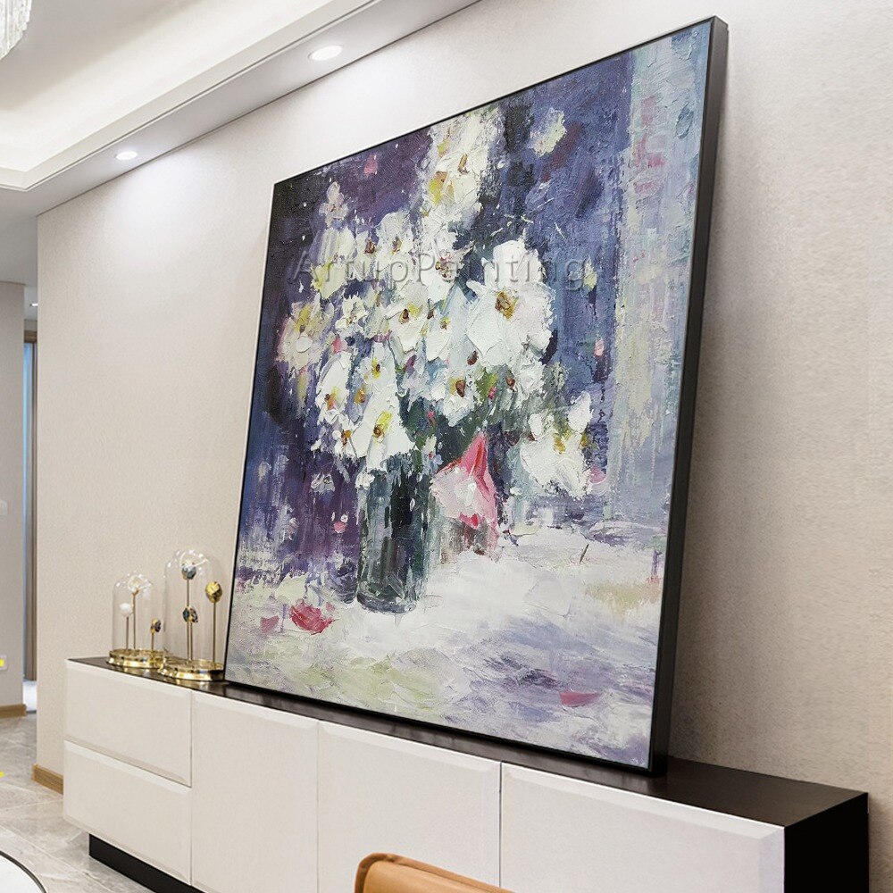 Pinturas al óleo de flores blancas pintadas a mano abstractas sobre lienzo, arte de pared, imágenes de decoración del hogar para decoración de pared de sala de estar Pinturas al óleo de flores blancas pintadas a mano abstractas sobre lienzo, arte de pared, imágenes de decoración del hogar para decoración de pared de sala de estar