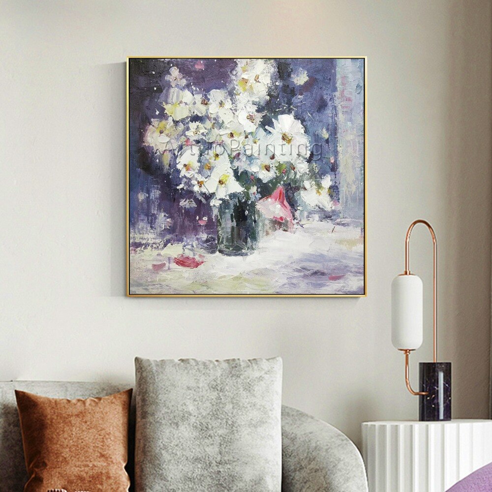 Pinturas al óleo de flores blancas pintadas a mano abstractas sobre lienzo, arte de pared, imágenes de decoración del hogar para decoración de pared de sala de estar Pinturas al óleo de flores blancas pintadas a mano abstractas sobre lienzo, arte de pared, imágenes de decoración del hogar para decoración de pared de sala de estar